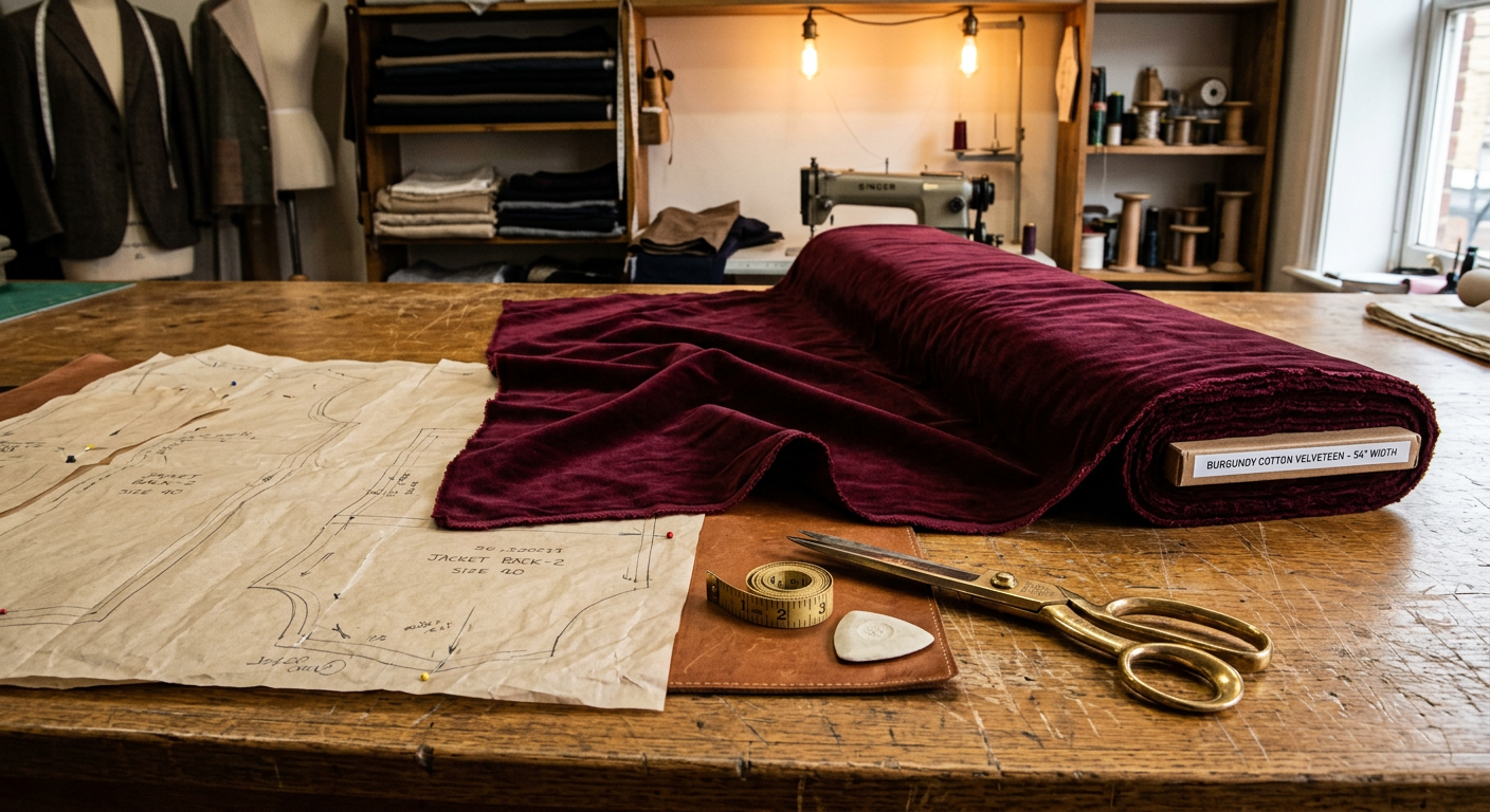 Burgundy cotton velveteen bolt on a tailor's worktable