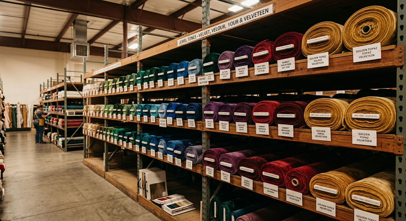 Wholesale rolls of velvet, velour, and velveteen on warehouse shelving