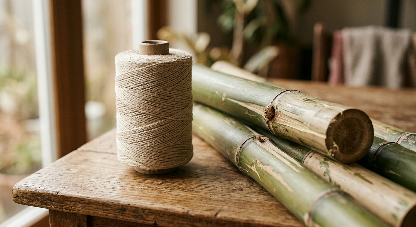 Raw bamboo stalks beside spooled cellulosic fiber yarn