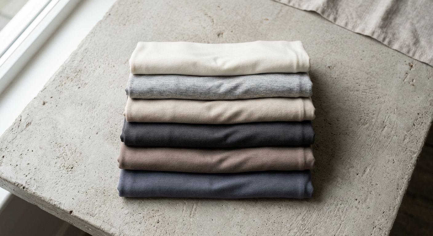 Folded stack of neutral-toned modal jersey fabric