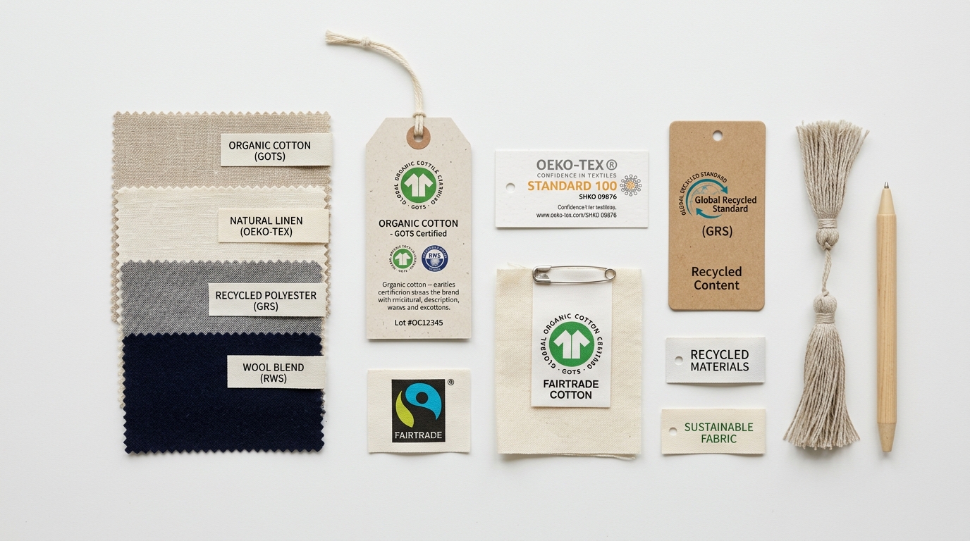 Fabric certification tags and swatches laid flat on a desk