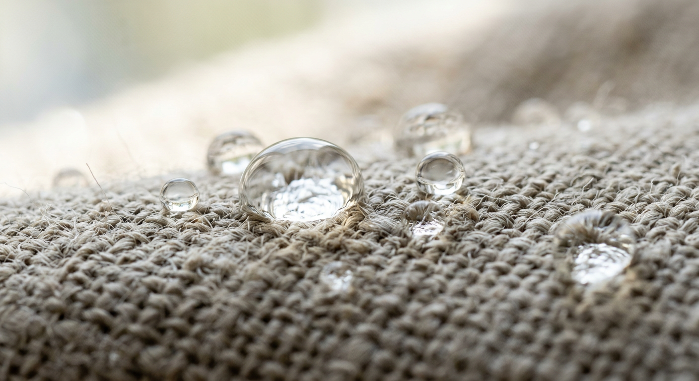 Macro shot of water droplets on DWR-treated fabric fibers