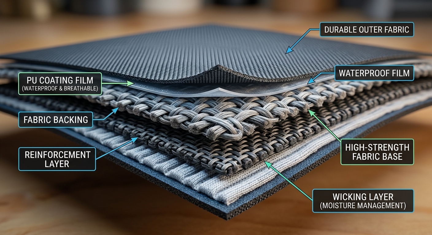 Cross-section view of PU-coated fabric layers