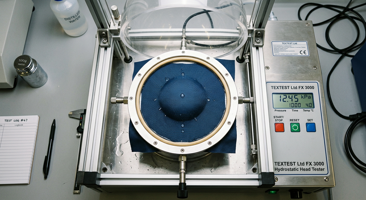 Lab testing equipment measuring fabric hydrostatic pressure resistance