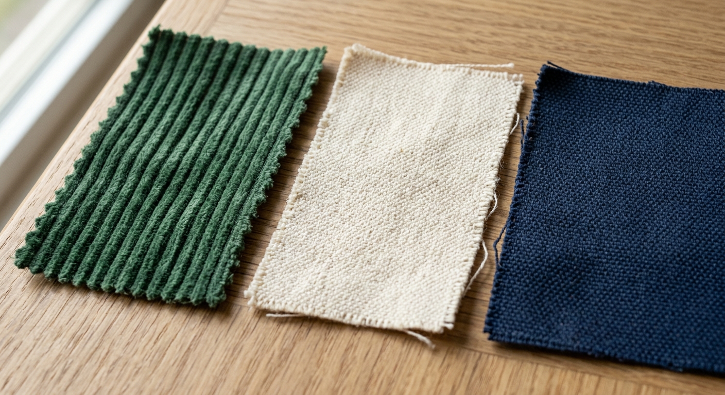 Macro texture comparison of corduroy, canvas, and duck cloth weaves