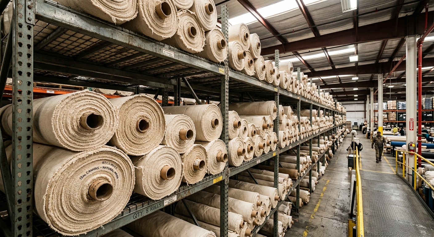 Heavy cotton canvas fabric rolls stacked in a warehouse