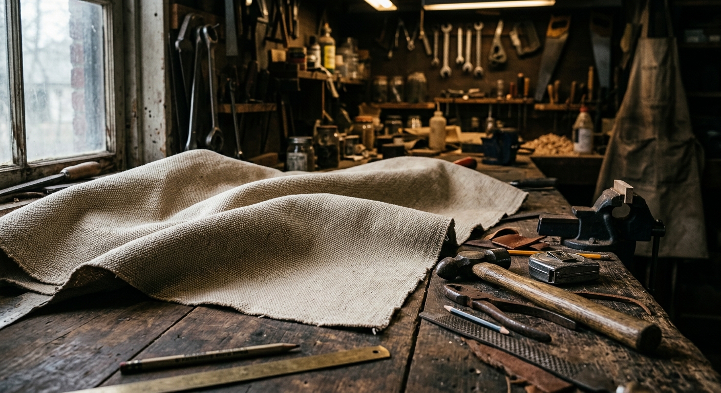 Tightly woven natural duck cloth fabric on a workbench with tools