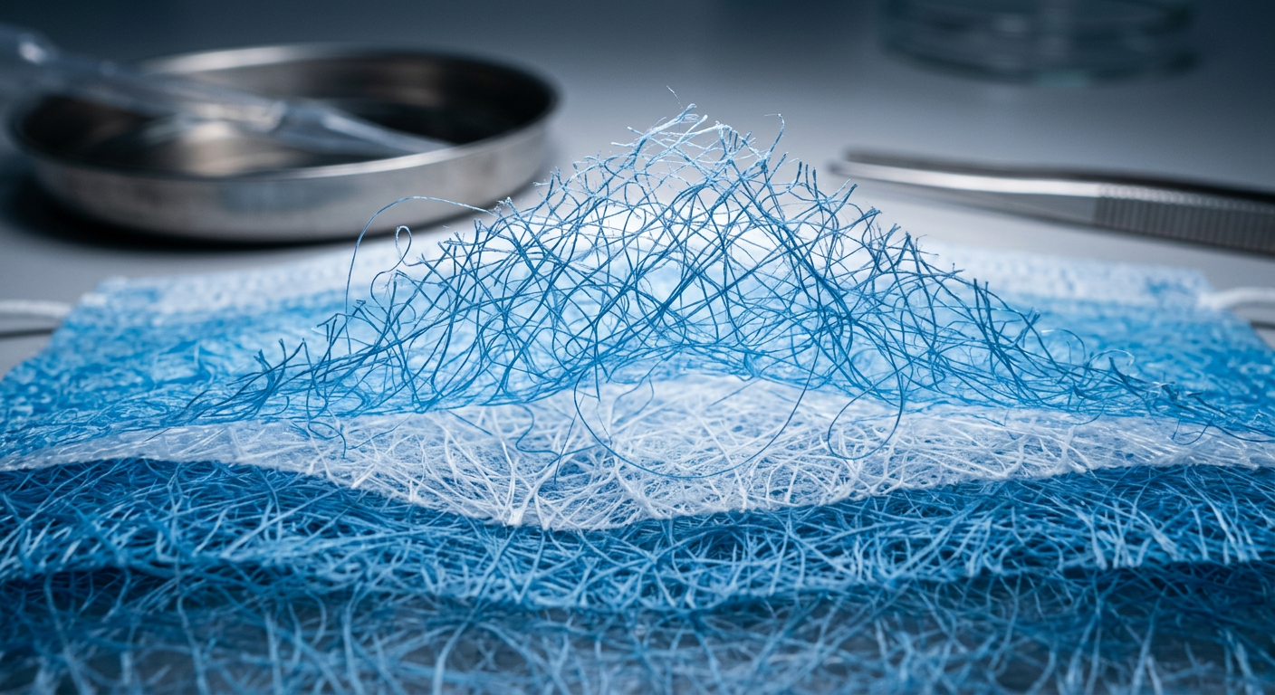 Macro view of layered non-woven medical fabric fiber structure