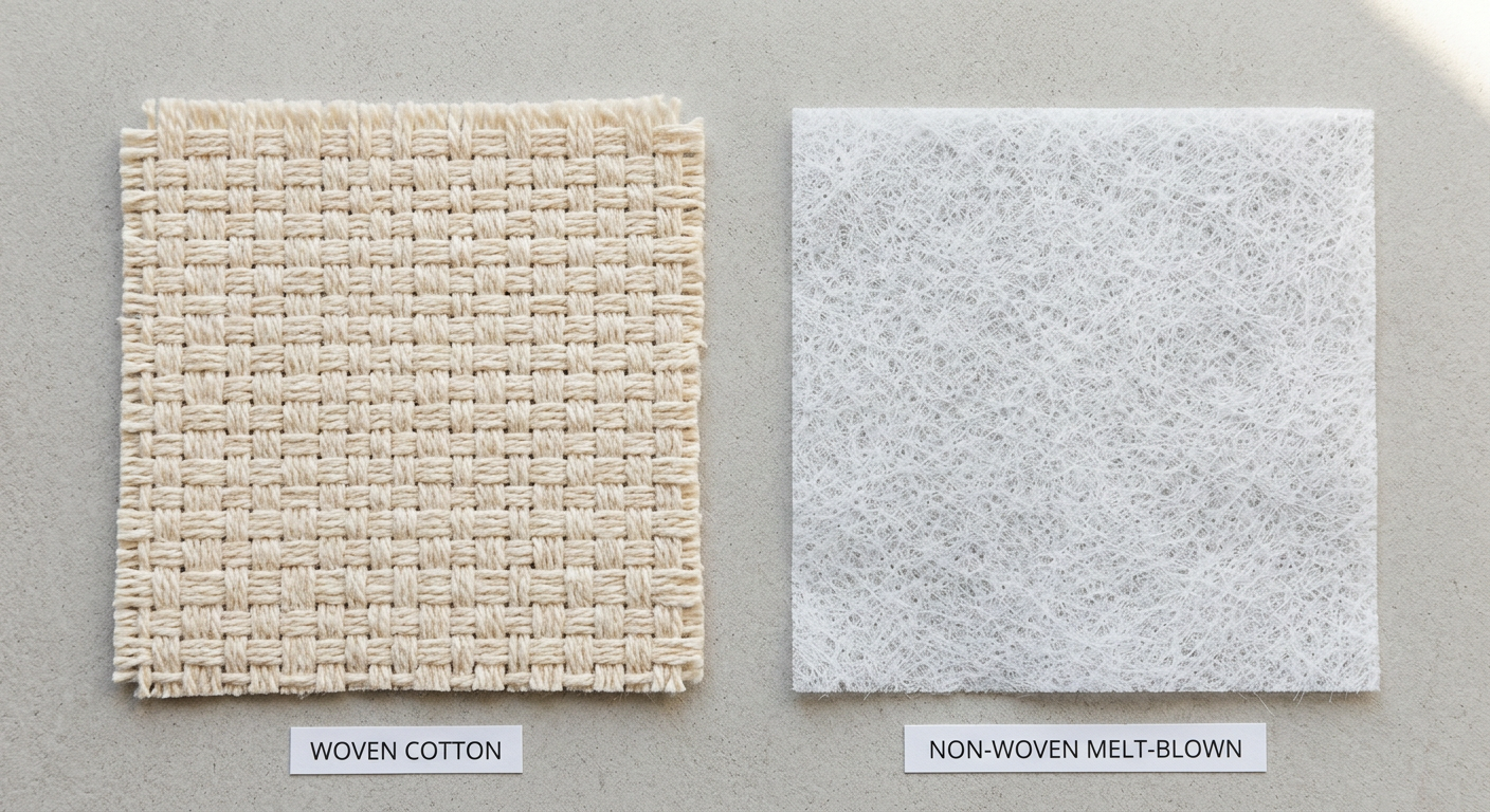 Comparison of woven cotton fabric and non-woven melt-blown fabric swatches