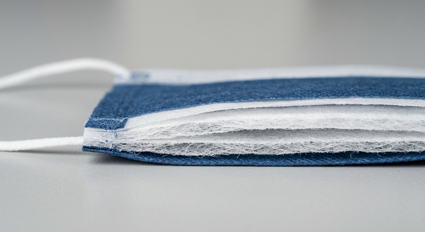 Cross-section of a multi-layer face mask showing distinct fabric layers