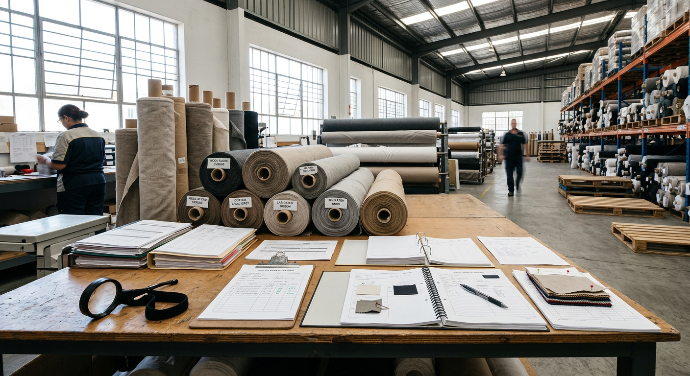 Fabric rolls with lab test documentation on an inspection table