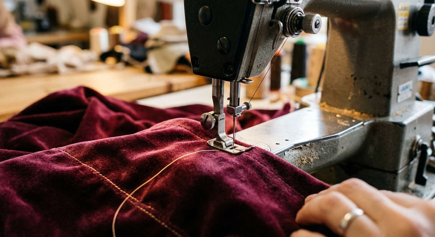 Velvet fabric pile creeping under a sewing machine presser foot