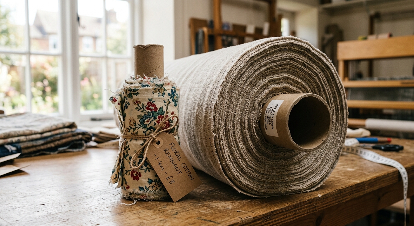 Small remnant fabric roll beside a large industrial fabric bolt showing scale difference
