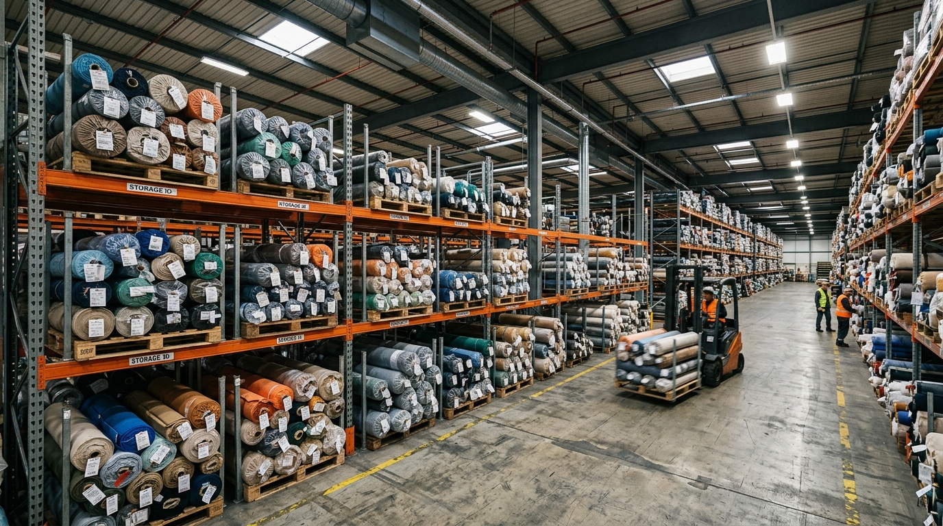 Warehouse shelves stacked with industrial fabric rolls for wholesale buyers
