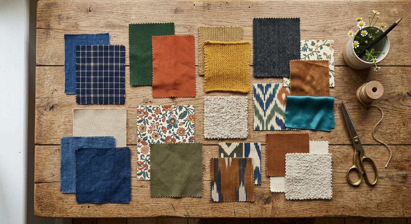 Flat lay of assorted fabric swatches in various textures and colors