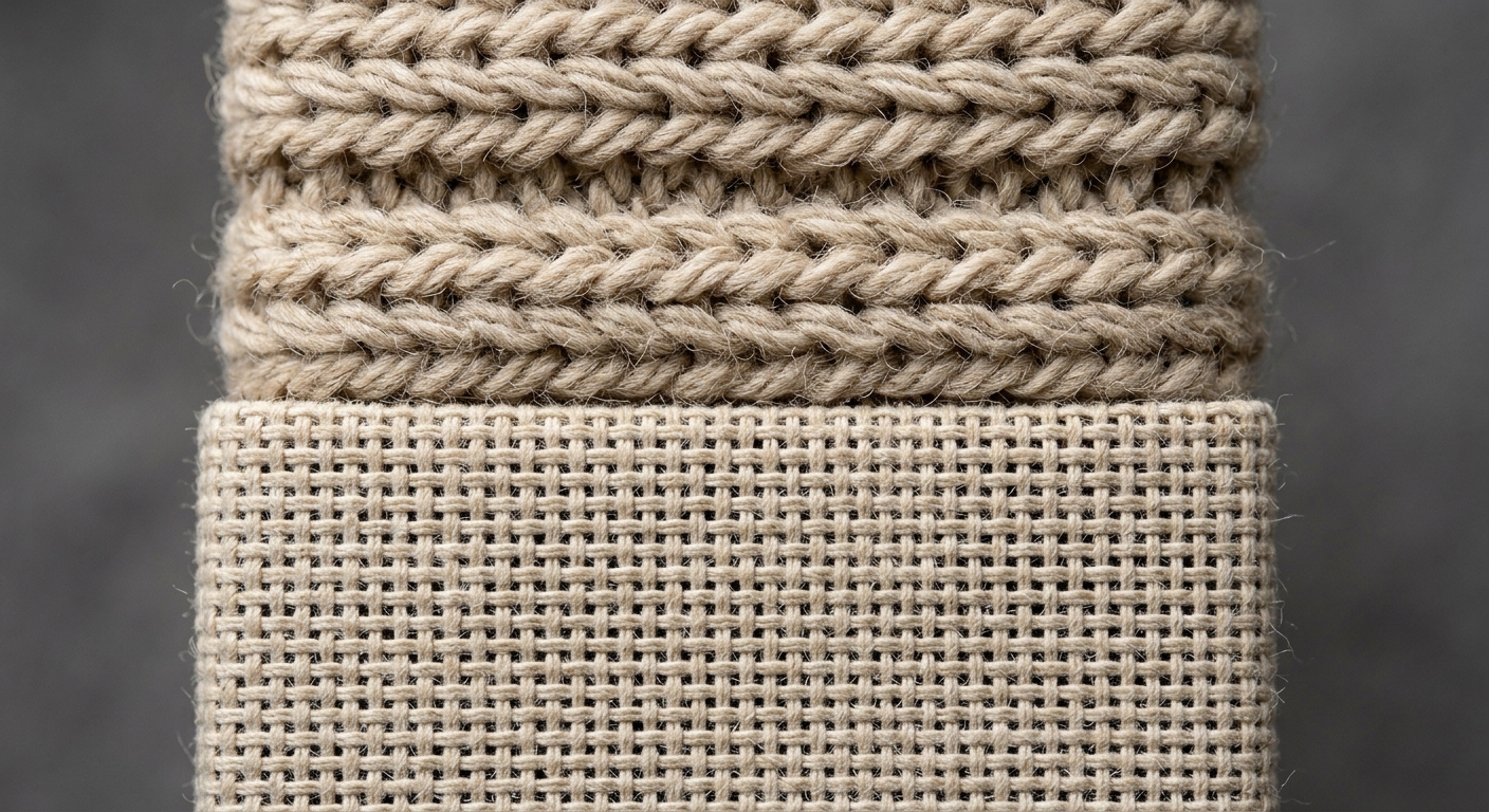 Macro view comparing knit loop structure and woven grid structure