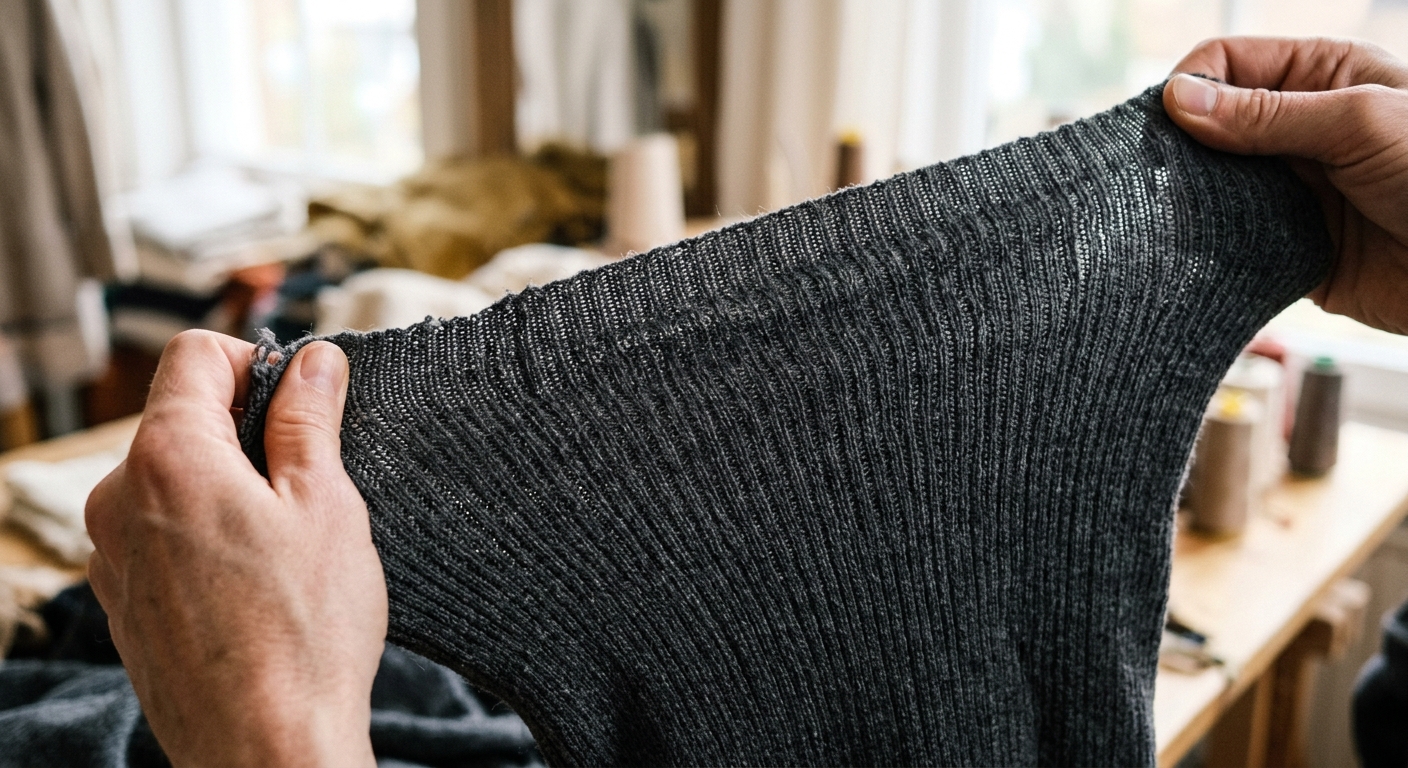 Hands stretching a knit fabric to show elasticity