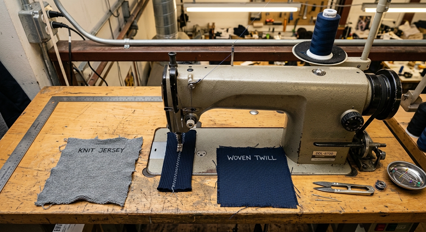 Industrial sewing machine with ballpoint needle and fabric samples