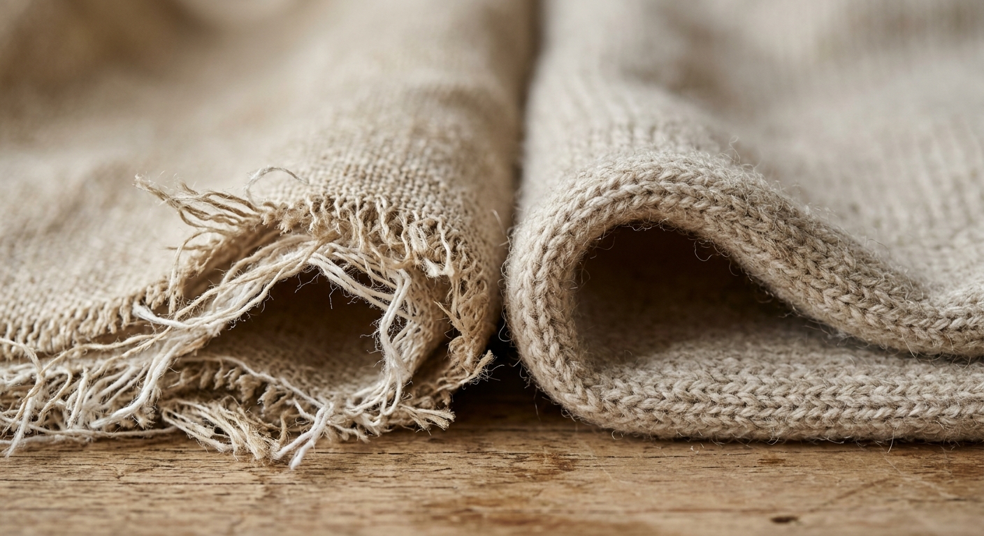 Frayed woven fabric edge next to curling knit fabric edge