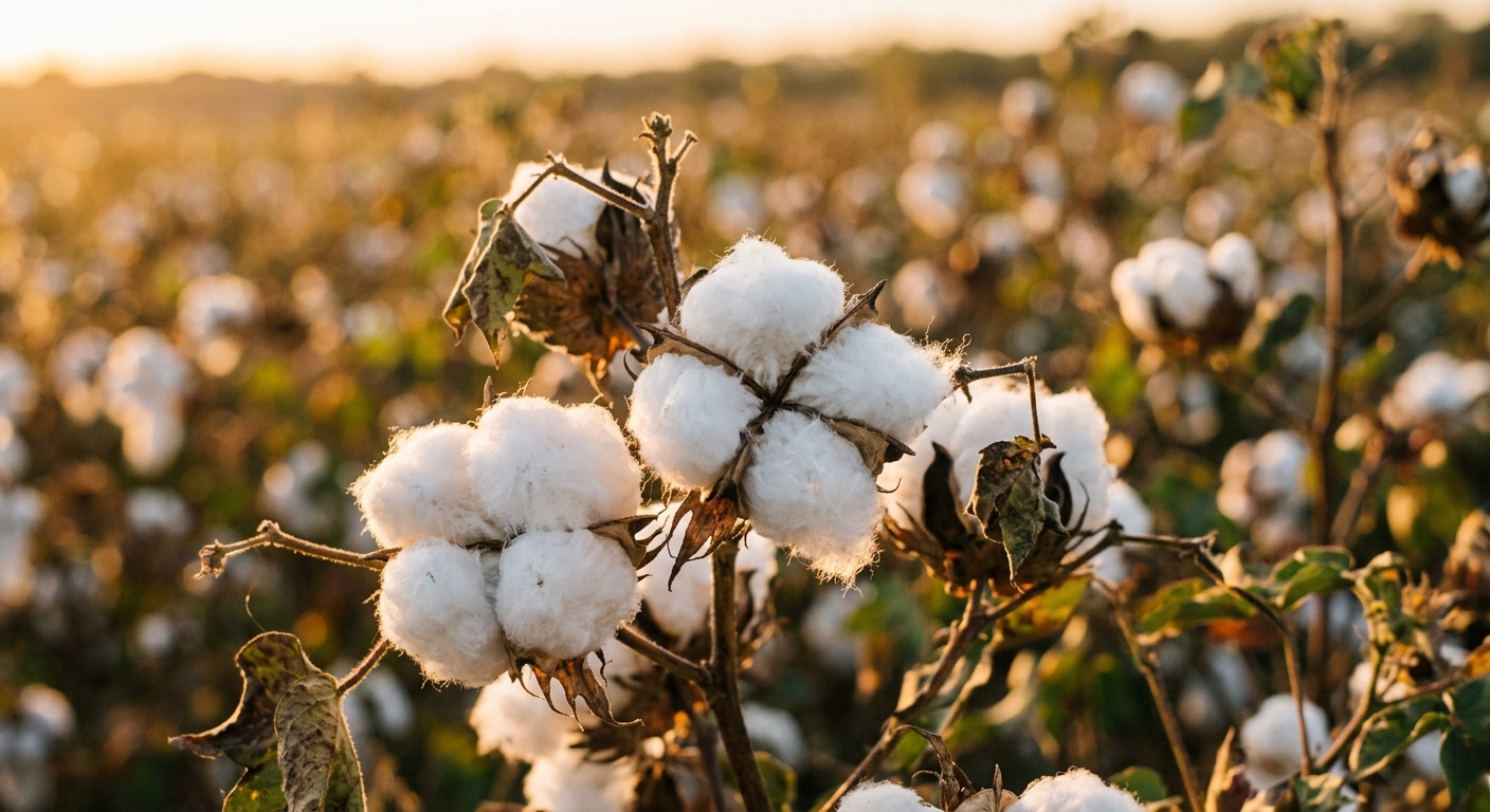 Raw organic cotton bolls in a field before processing into fabric