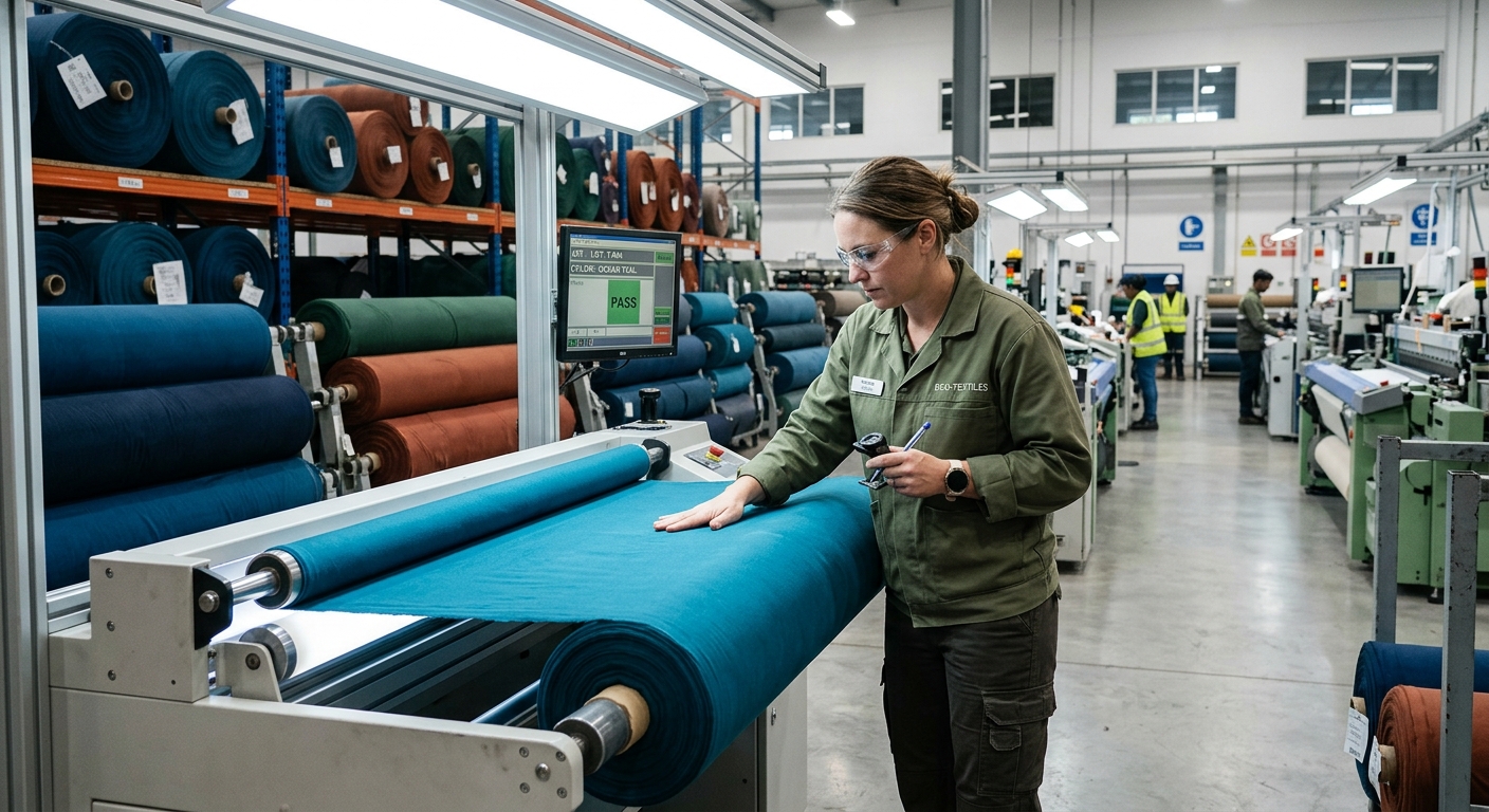 Mill worker inspecting GOTS certified organic fabric rolls