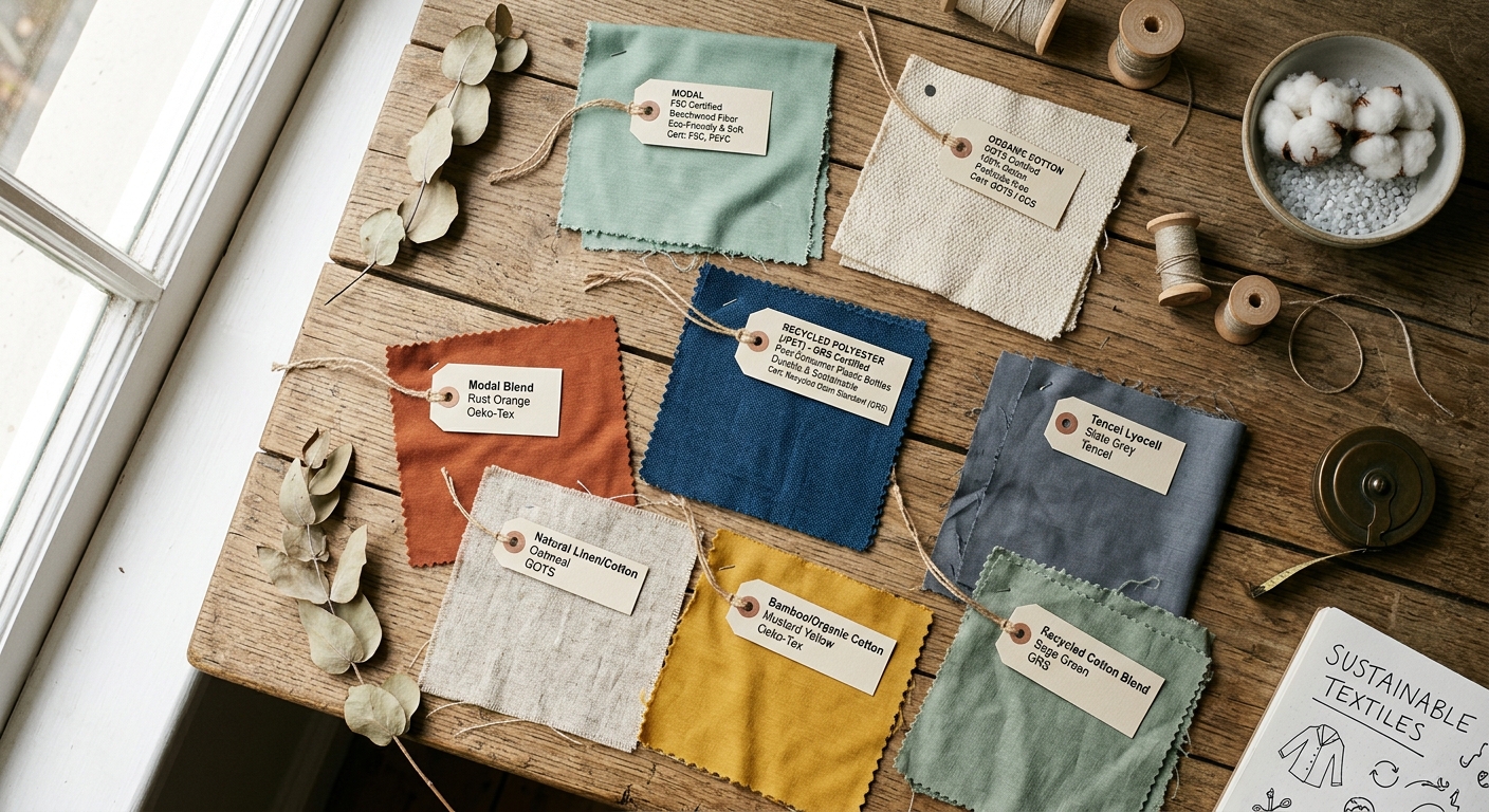 Flat lay of sustainable fabric swatches including organic cotton and modal with tags