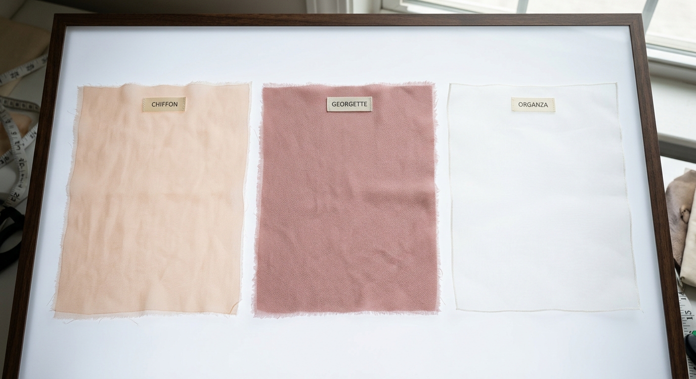 Close comparison of chiffon, georgette, and organza fabric textures side by side