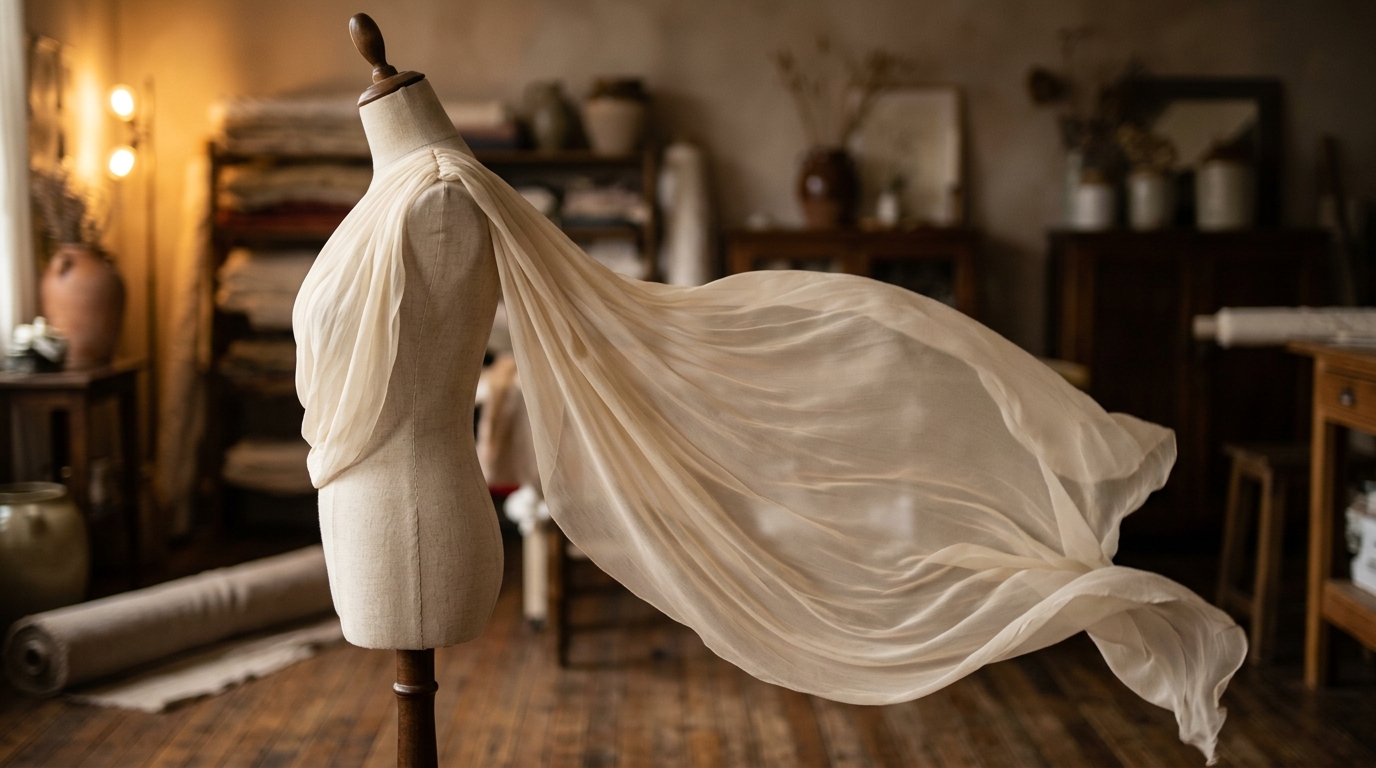 Flowing chiffon fabric draped over a mannequin showing fluid movement