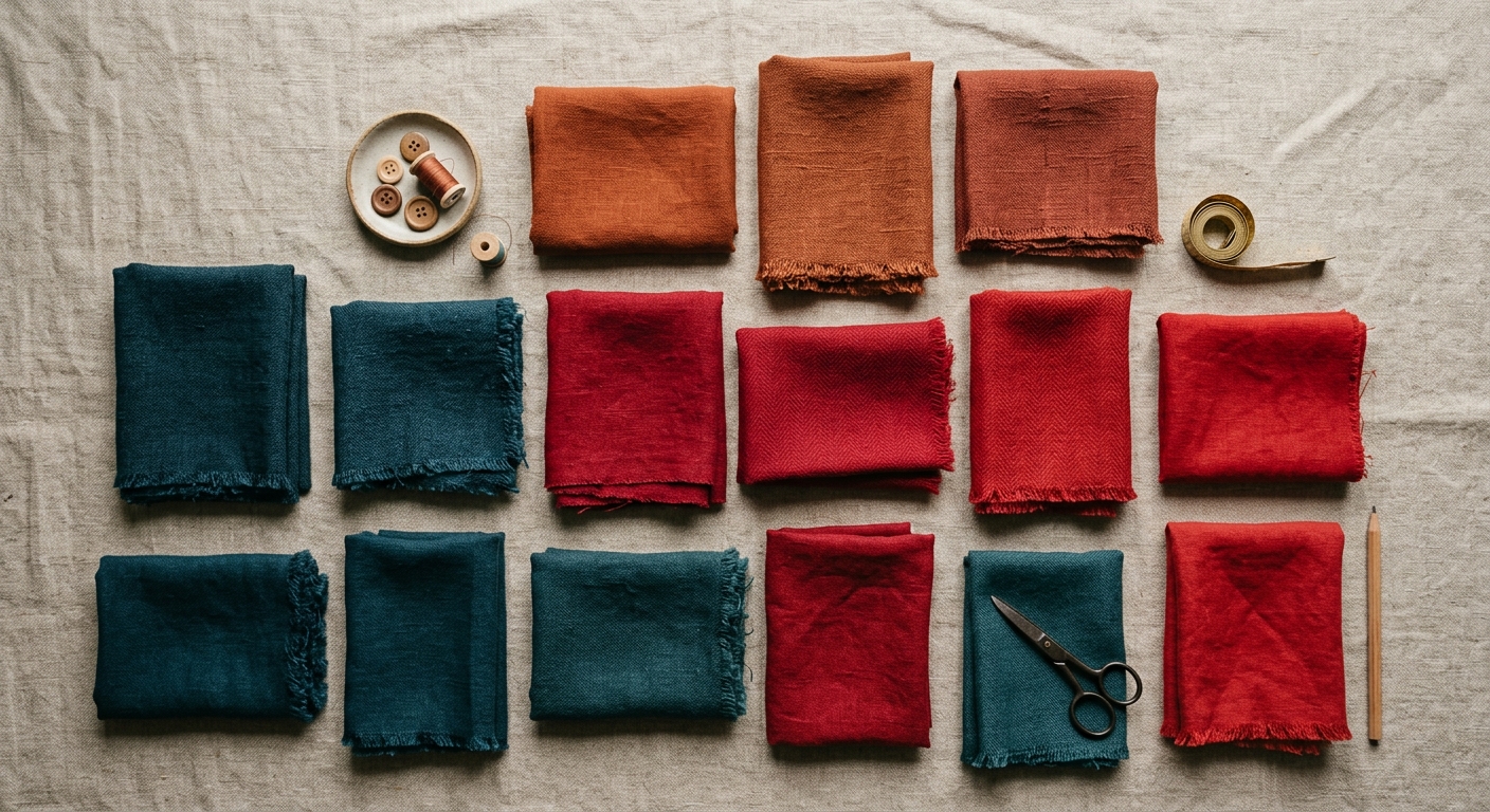 Terracotta, teal, and red fabric swatches arranged to show 2027 color forecast direction