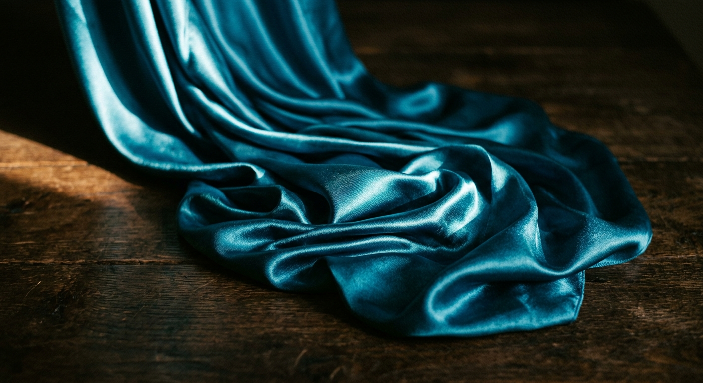 Deep aqua satin fabric draped to show sheen and color depth