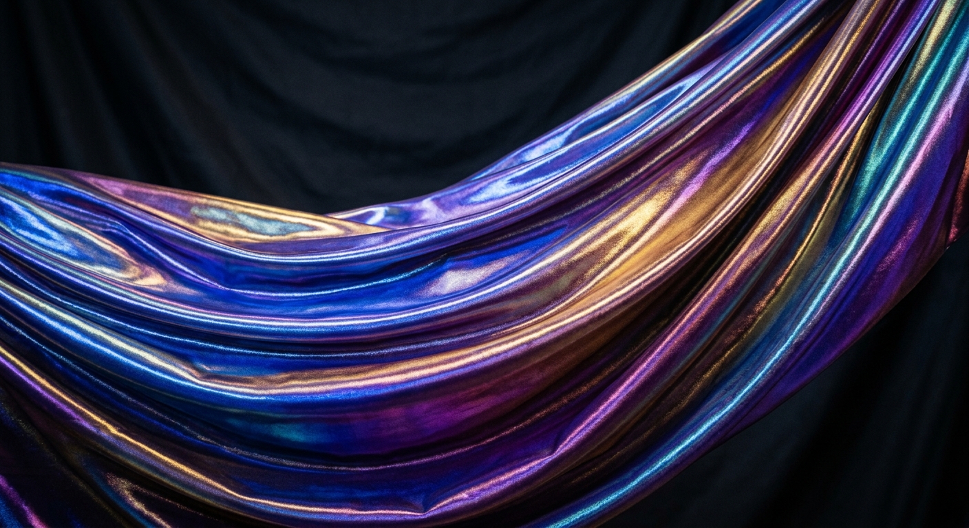 Iridescent fabric showing color-shifting effect under studio light