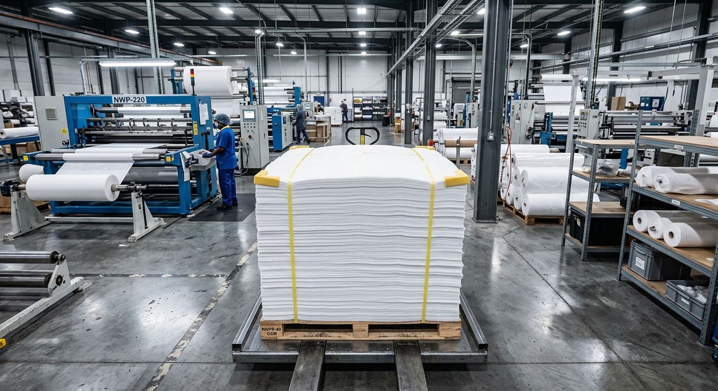 Stack of nonwoven polypropylene fabric sheets in a factory