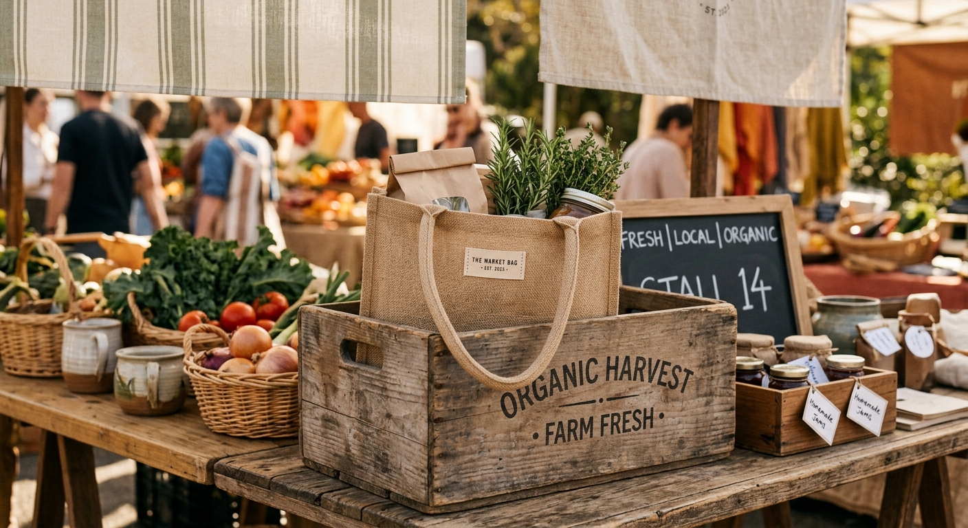 Natural jute tote bag on a wooden crate at a market stall
