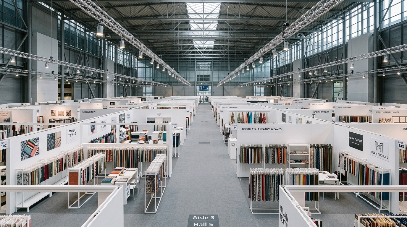 European fabric trade show booth displaying trend-forward textile swatches