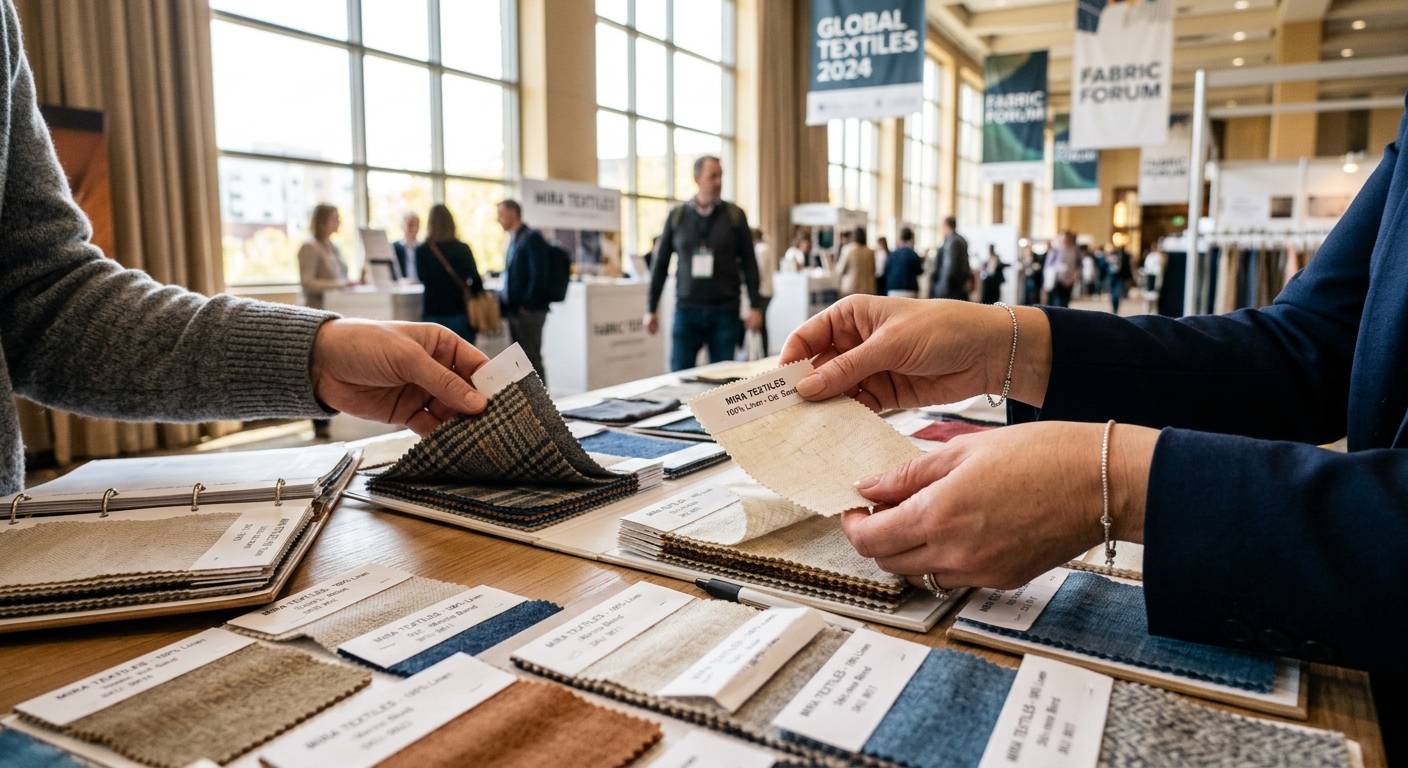 Buyer examining fabric swatches on a trade show table