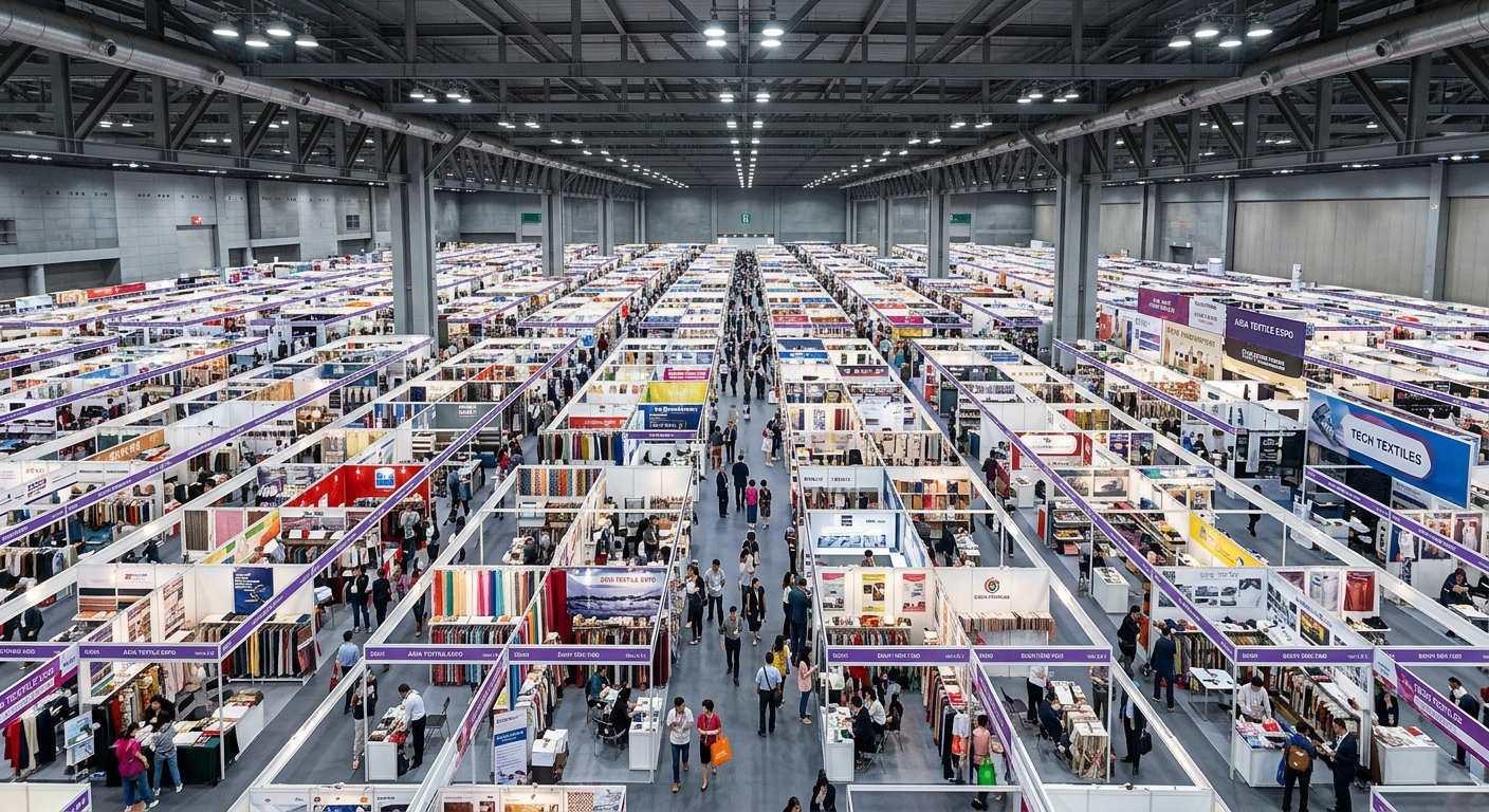 Large Asian textile trade show floor with rows of exhibitor booths
