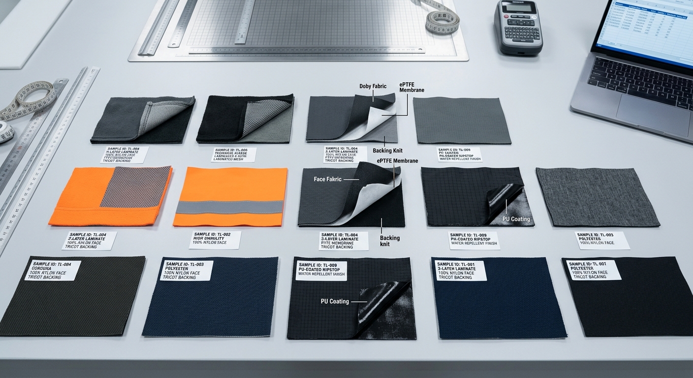 Technical fabric samples with coated and laminated layers under clinical lighting