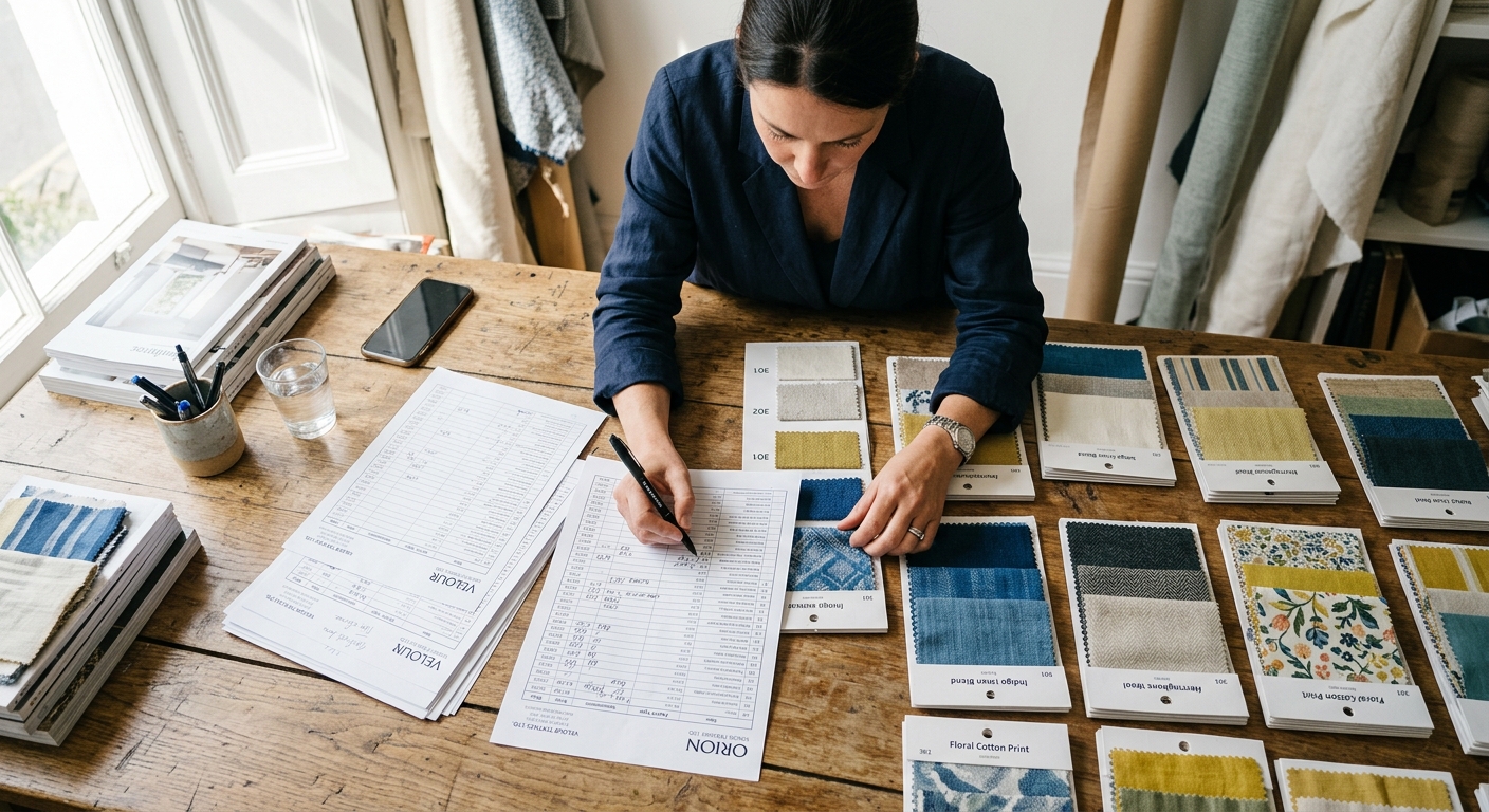 Fabric buyer reviewing pricing and swatches to adjust sourcing strategy for tariffs