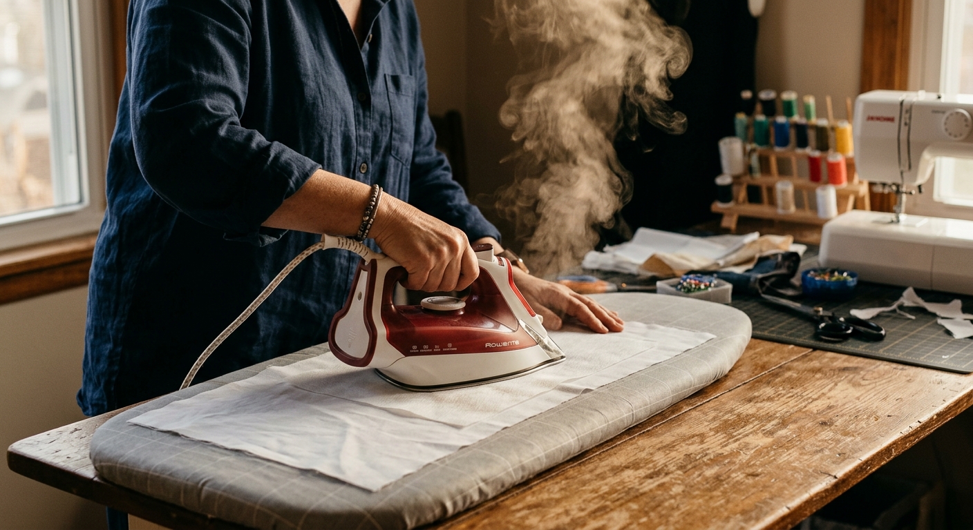 Iron fusing interfacing onto cotton fabric with visible steam