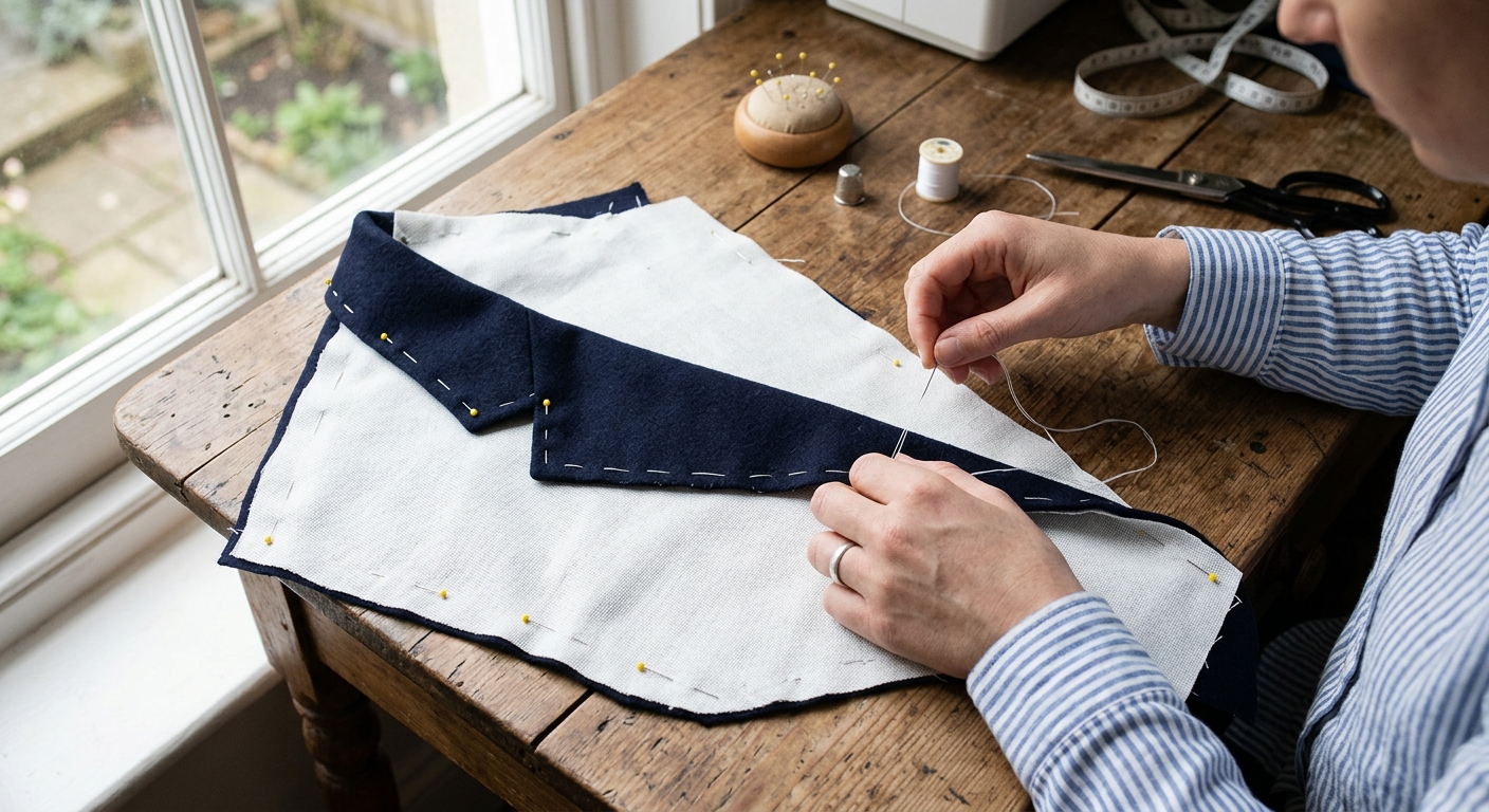 Hands basting sew-in interfacing to a jacket lapel piece