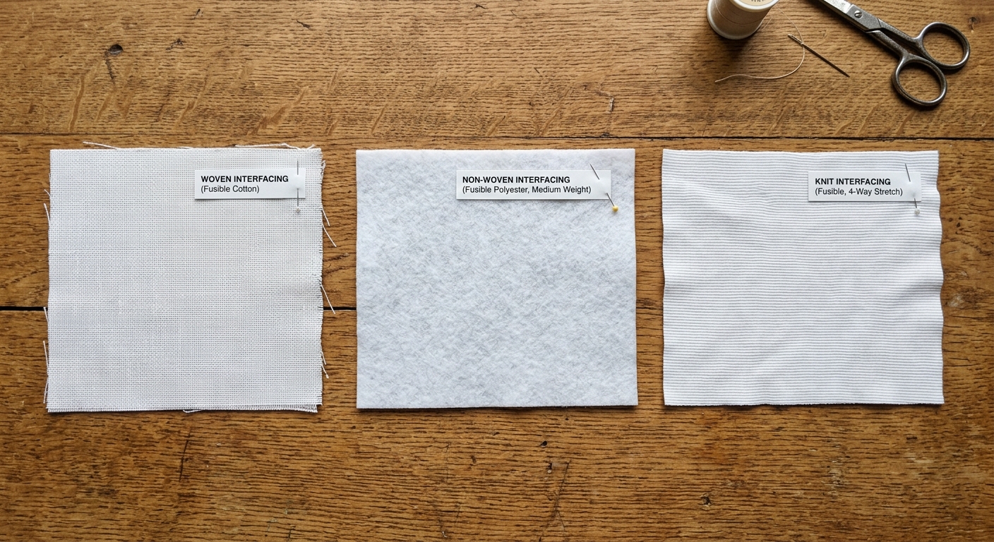Woven, non-woven, and knit interfacing swatches compared side by side