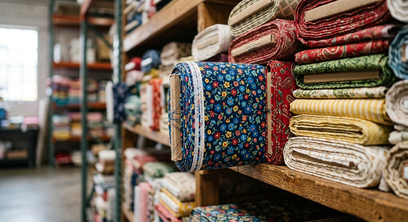 Close-up texture of tightly woven quilting cotton fabric bolts