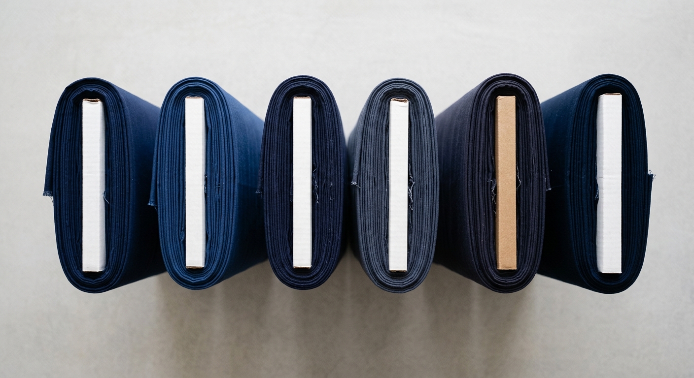 Bolts of navy blue quilting cotton showing subtle dye lot color variation
