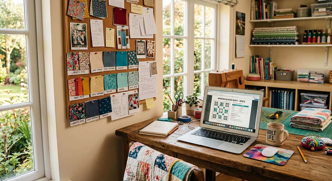 Small quilting studio workspace with fabric swatches and spec sheets during a wholesale order review