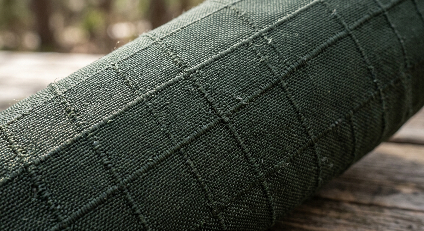 Macro close-up of ripstop nylon fabric grid reinforcement weave