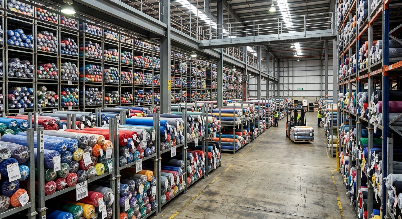 Warehouse stock of rolled technical nylon fabric bolts for bulk buyers