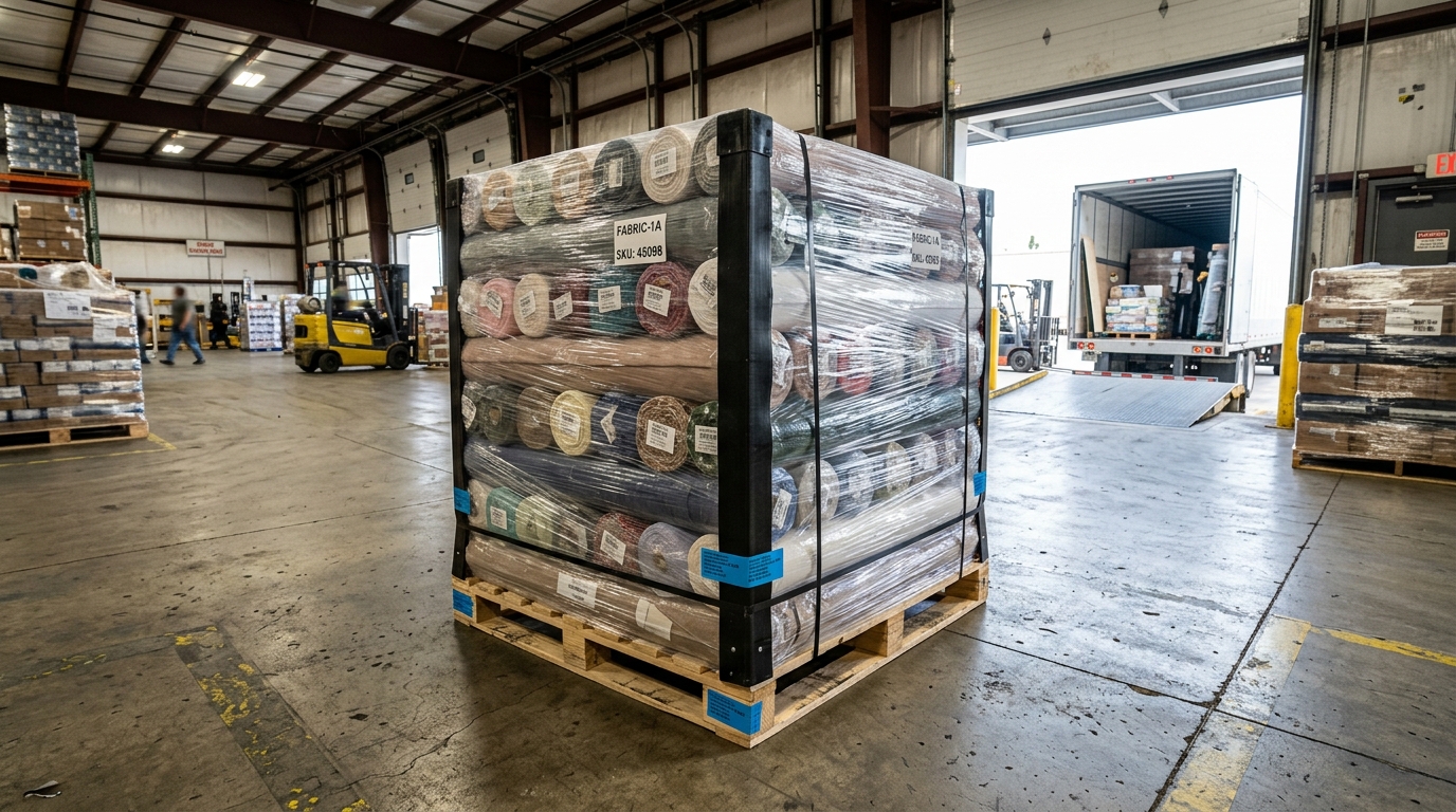 Fabric rolls properly protected and stacked on a shipping pallet