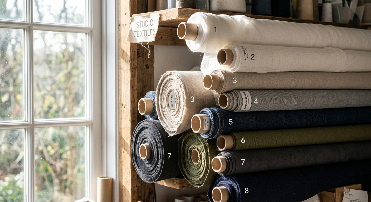 Stacked curtain fabric rolls showing different weights and light transmission levels