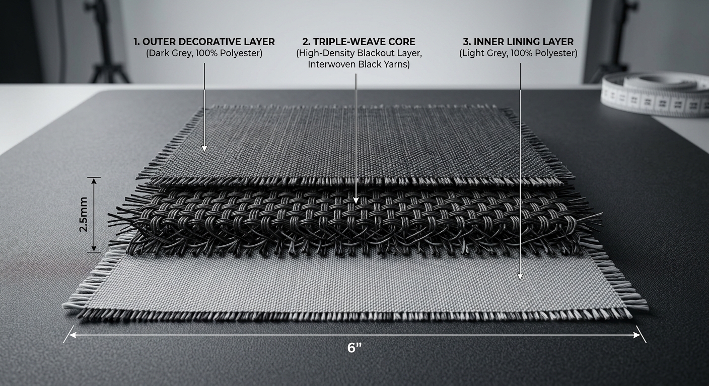 Cross-section of triple-woven blackout curtain fabric construction