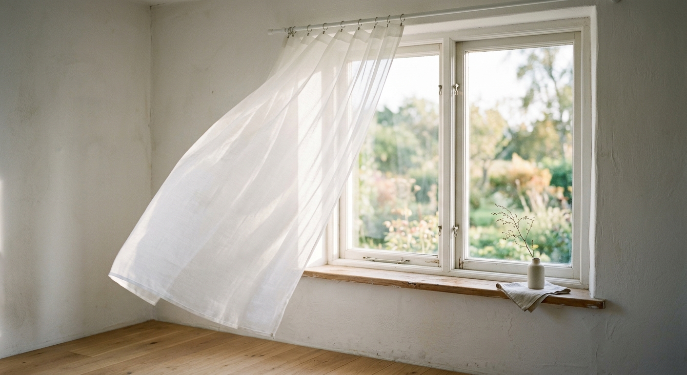 Sheer voile curtain diffusing sunlight in a bright window